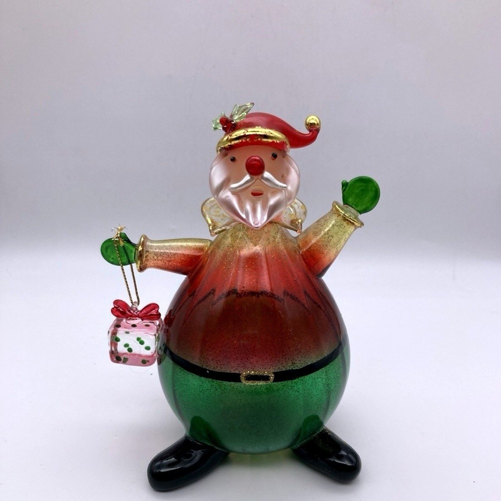 Vintage 1990's Hand Blown Glass Santa Figurine Pear Shaped Waving With Gift Fun